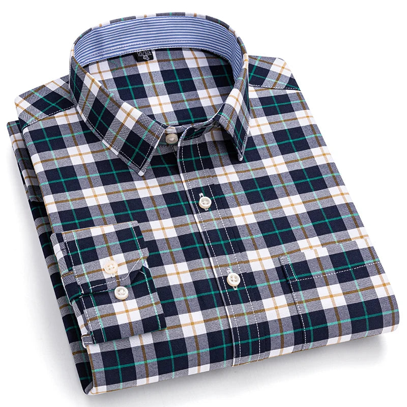 Men's 100% Cotton Oxford Long Sleeve Plaid Shirt-Casual & Formal.