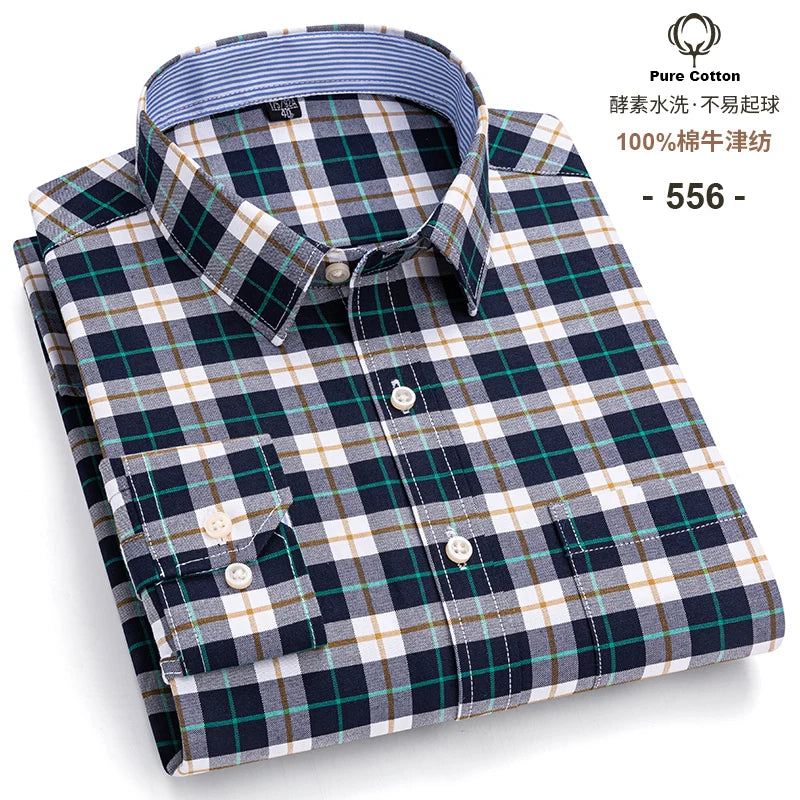 Men's 100% Cotton Oxford Long Sleeve Plaid Shirt-Casual & Formal.