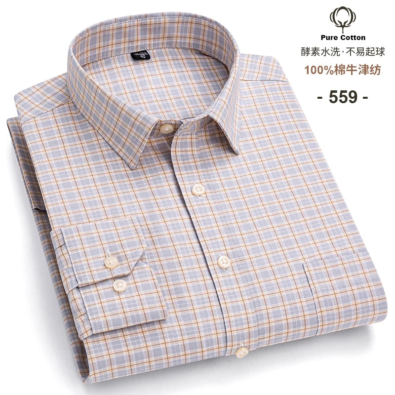 Men's 100% Cotton Oxford Long Sleeve Plaid Shirt-Casual & Formal.
