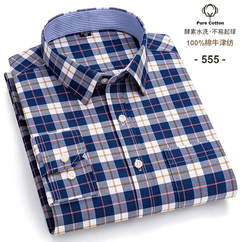 Men's 100% Cotton Oxford Long Sleeve Plaid Shirt-Casual & Formal.