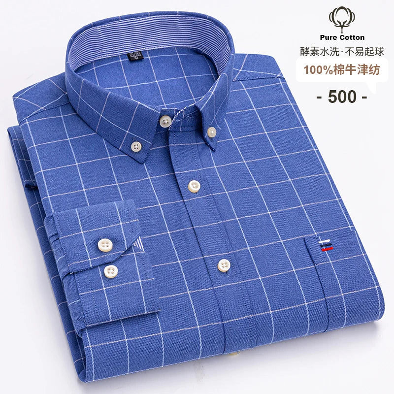 Men's 100% Cotton Oxford Long Sleeve Plaid Shirt-Casual & Formal.