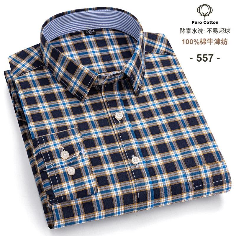 Men's 100% Cotton Oxford Long Sleeve Plaid Shirt-Casual & Formal.