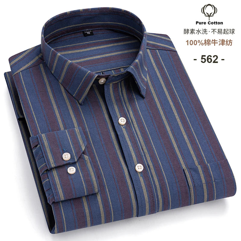Men's 100% Cotton Oxford Long Sleeve Plaid Shirt-Casual & Formal.