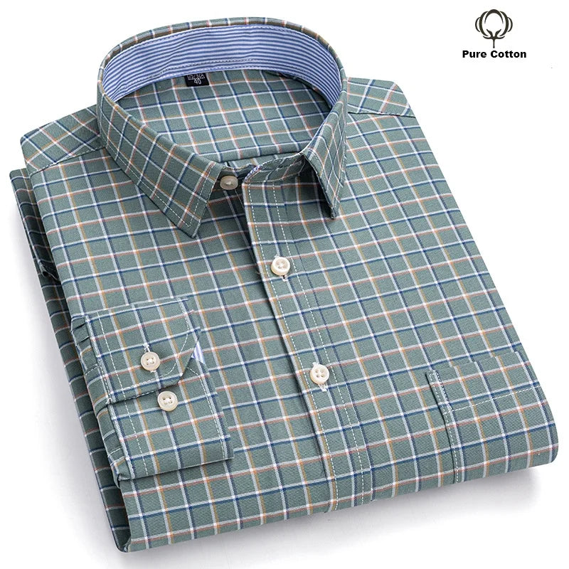 Men's 100% Cotton Oxford Long Sleeve Plaid Shirt-Casual & Formal.
