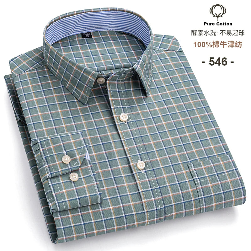 Men's 100% Cotton Oxford Long Sleeve Plaid Shirt-Casual & Formal.