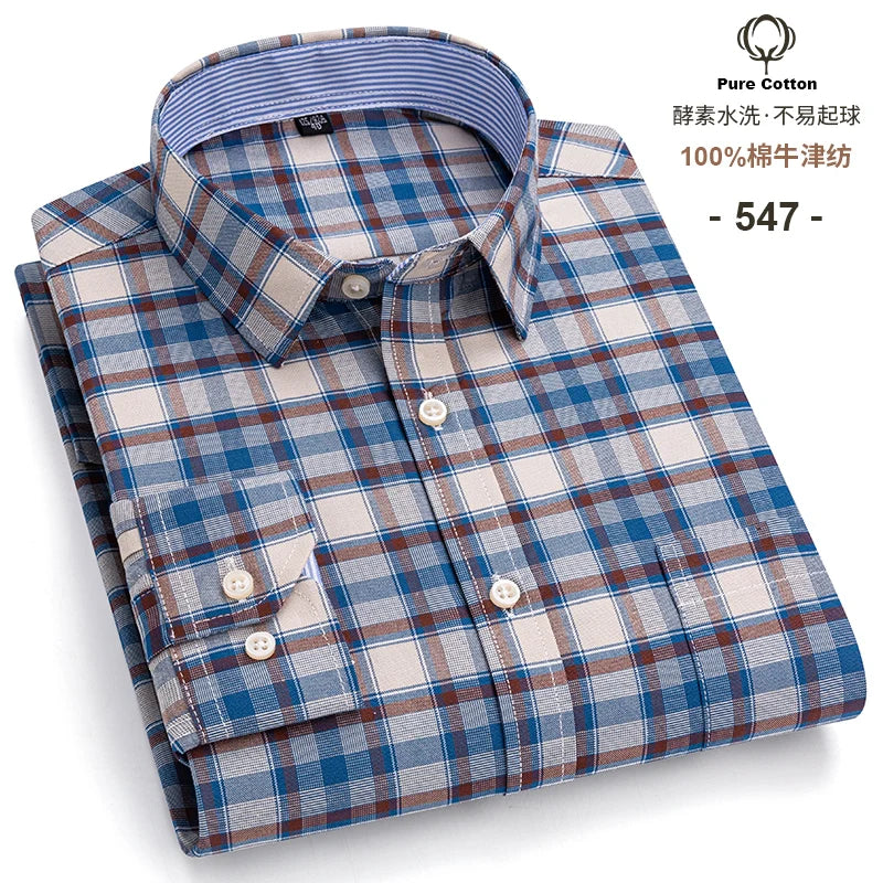 Men's 100% Cotton Oxford Long Sleeve Plaid Shirt-Casual & Formal.