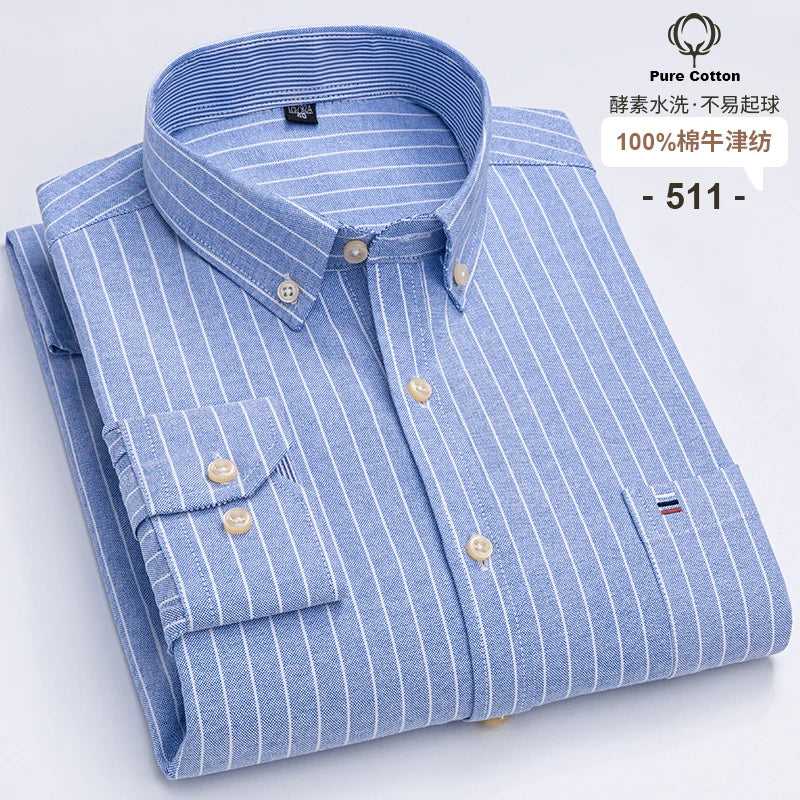 Men's 100% Cotton Oxford Long Sleeve Plaid Shirt-Casual & Formal.