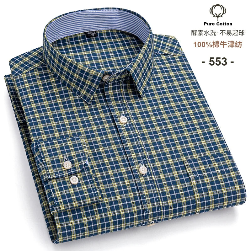 Men's 100% Cotton Oxford Long Sleeve Plaid Shirt-Casual & Formal.