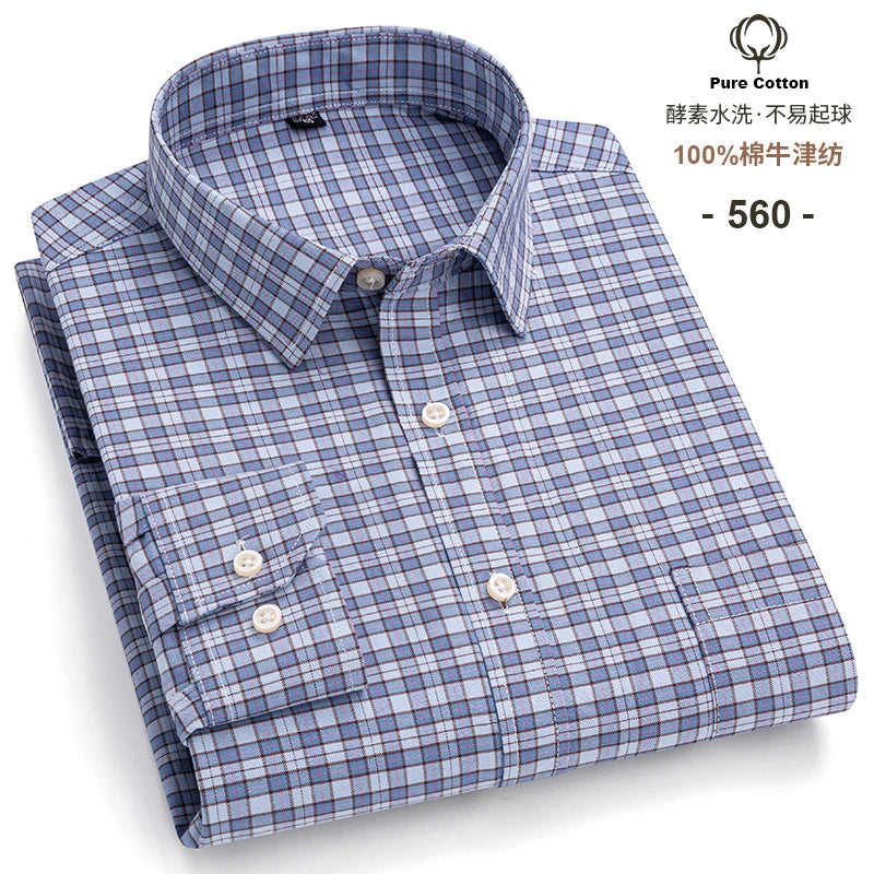 Men's 100% Cotton Oxford Long Sleeve Plaid Shirt-Casual & Formal.