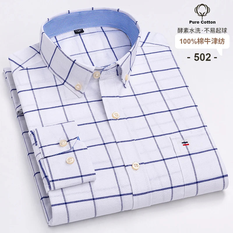 Men's 100% Cotton Oxford Long Sleeve Plaid Shirt-Casual & Formal.