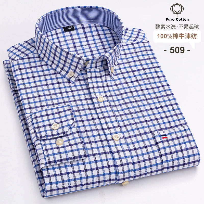 Men's 100% Cotton Oxford Long Sleeve Plaid Shirt-Casual & Formal.