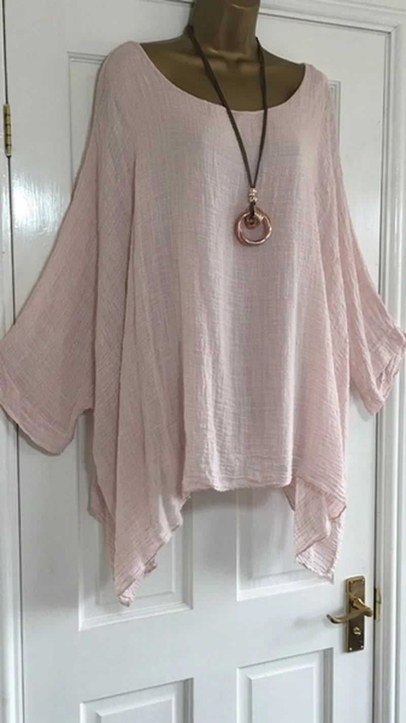 Women's Autumn Fashion Batwing Sleeve Solid Color Loose O-neck 3/4 Sleeve Casual Blouse Top.