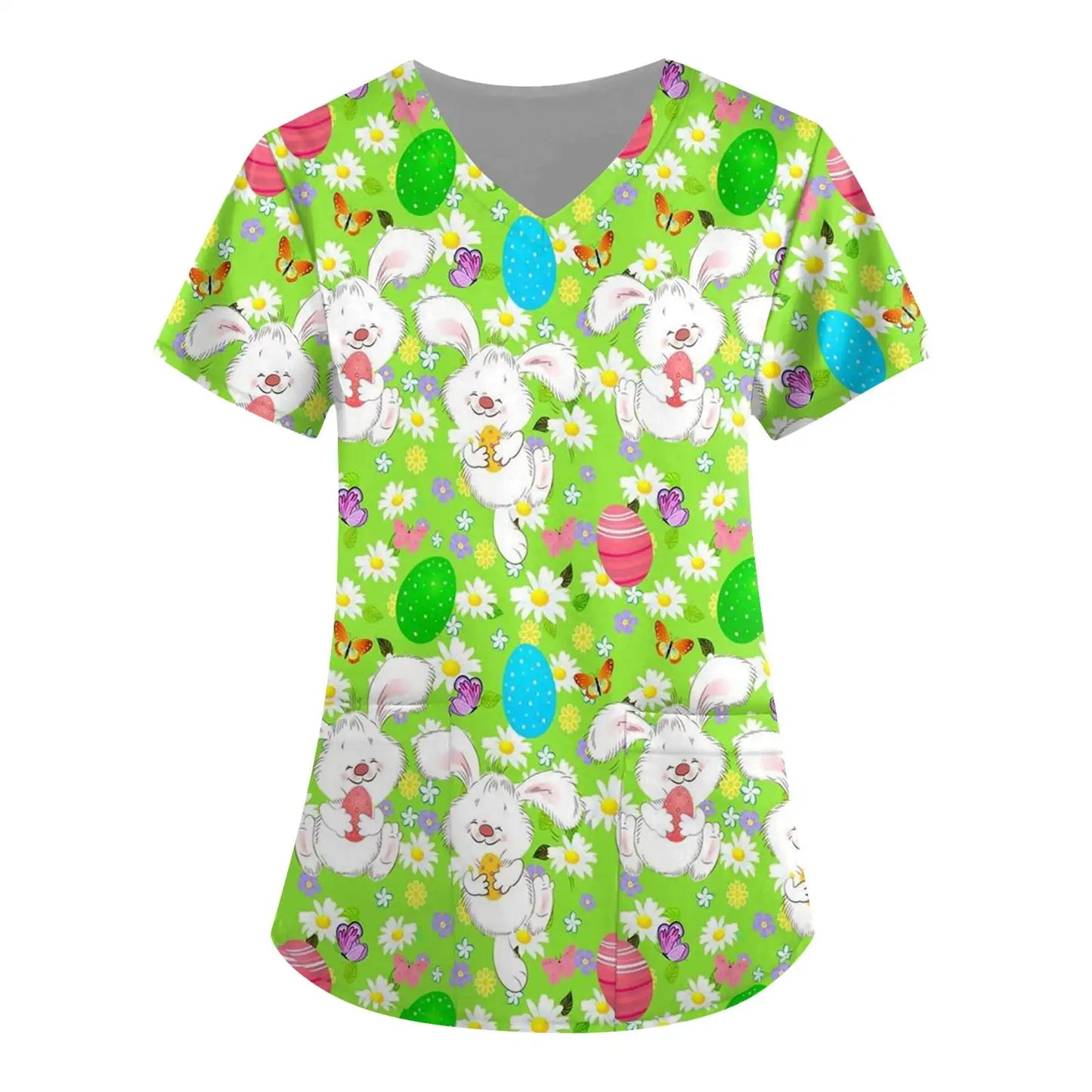 Adorable Easter Bunny Women's Medical Scrubs-V-Neck Short Sleeve Nursing Tops For Obstetrics.