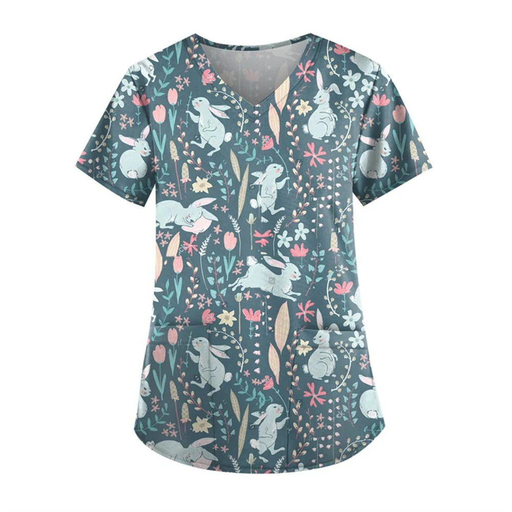 Adorable Easter Bunny Women's Medical Scrubs-V-Neck Short Sleeve Nursing Tops For Obstetrics.