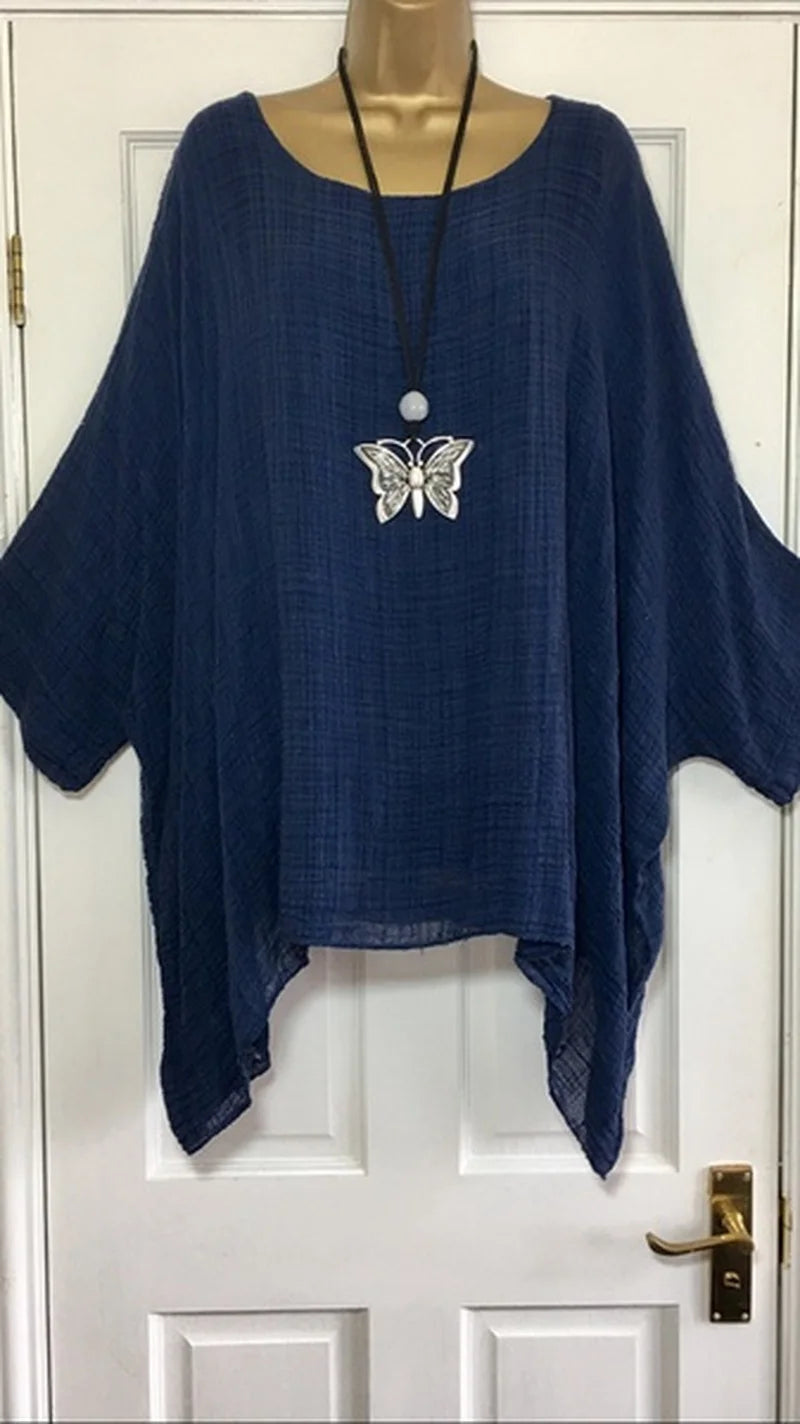 Women's Autumn Fashion Batwing Sleeve Solid Color Loose O-neck 3/4 Sleeve Casual Blouse Top.