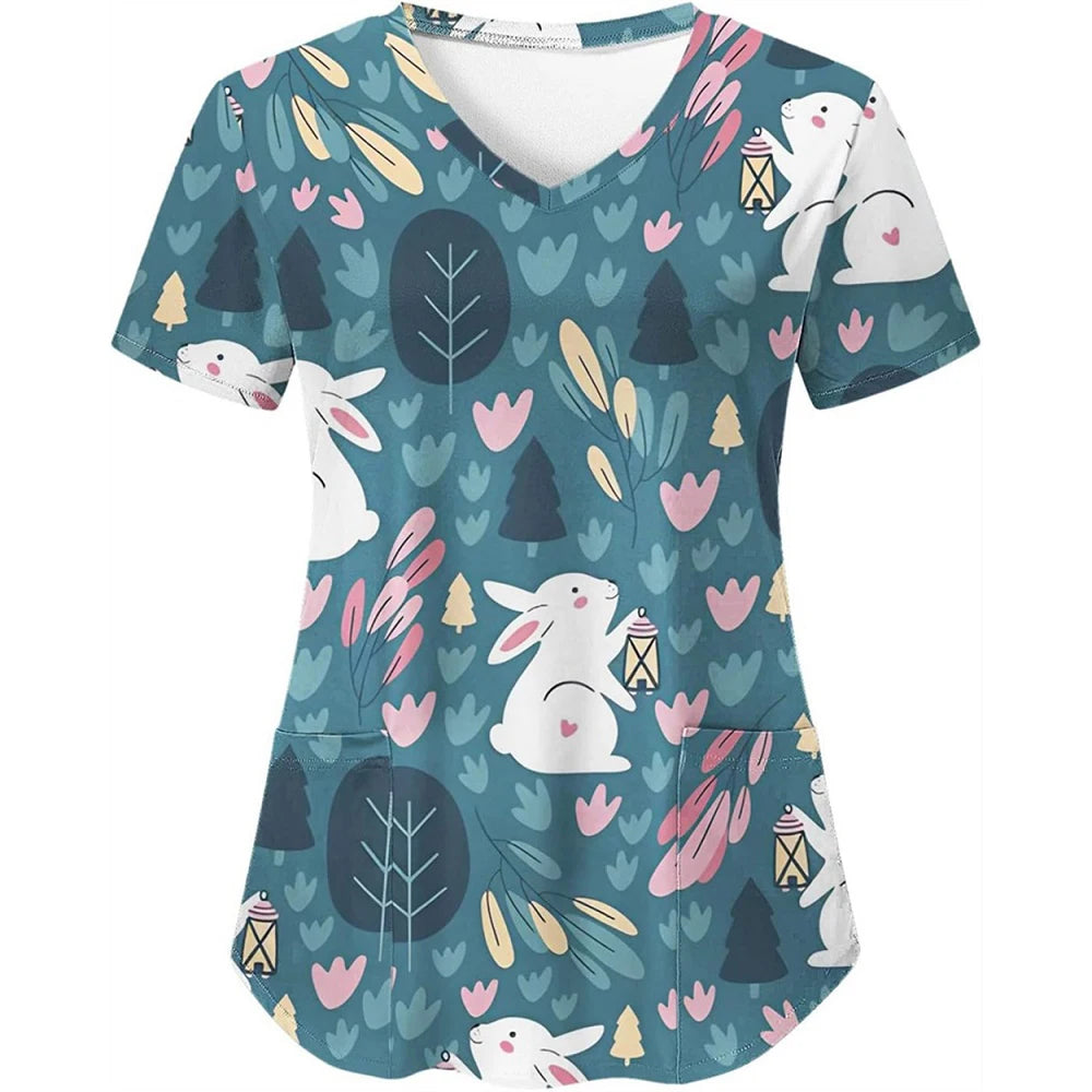 Adorable Easter Bunny Women's Medical Scrubs-V-Neck Short Sleeve Nursing Tops For Obstetrics.