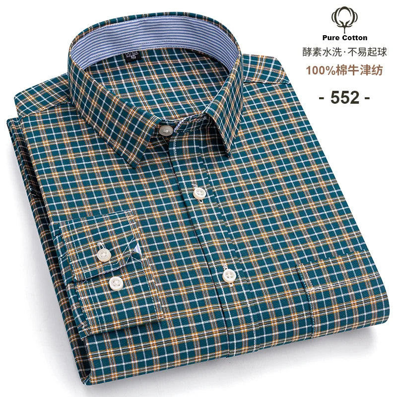 Men's 100% Cotton Oxford Long Sleeve Plaid Shirt-Casual & Formal.