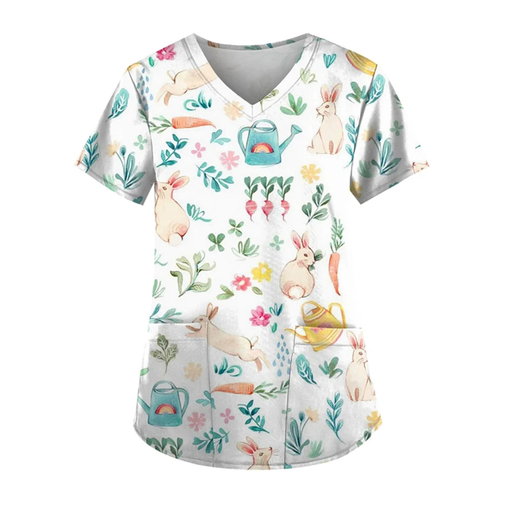 Adorable Easter Bunny Women's Medical Scrubs-V-Neck Short Sleeve Nursing Tops For Obstetrics.