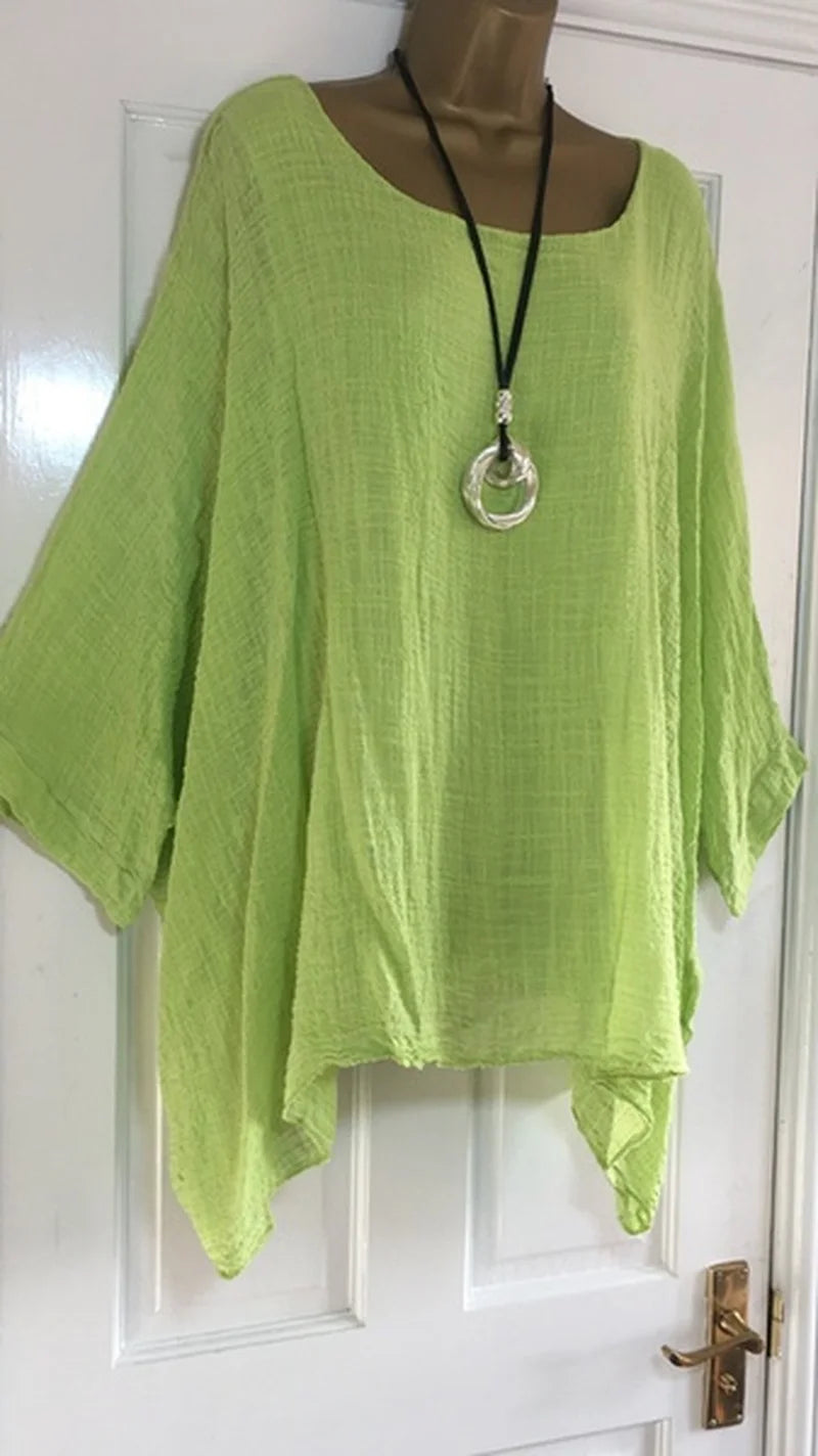 Women's Autumn Fashion Batwing Sleeve Solid Color Loose O-neck 3/4 Sleeve Casual Blouse Top.