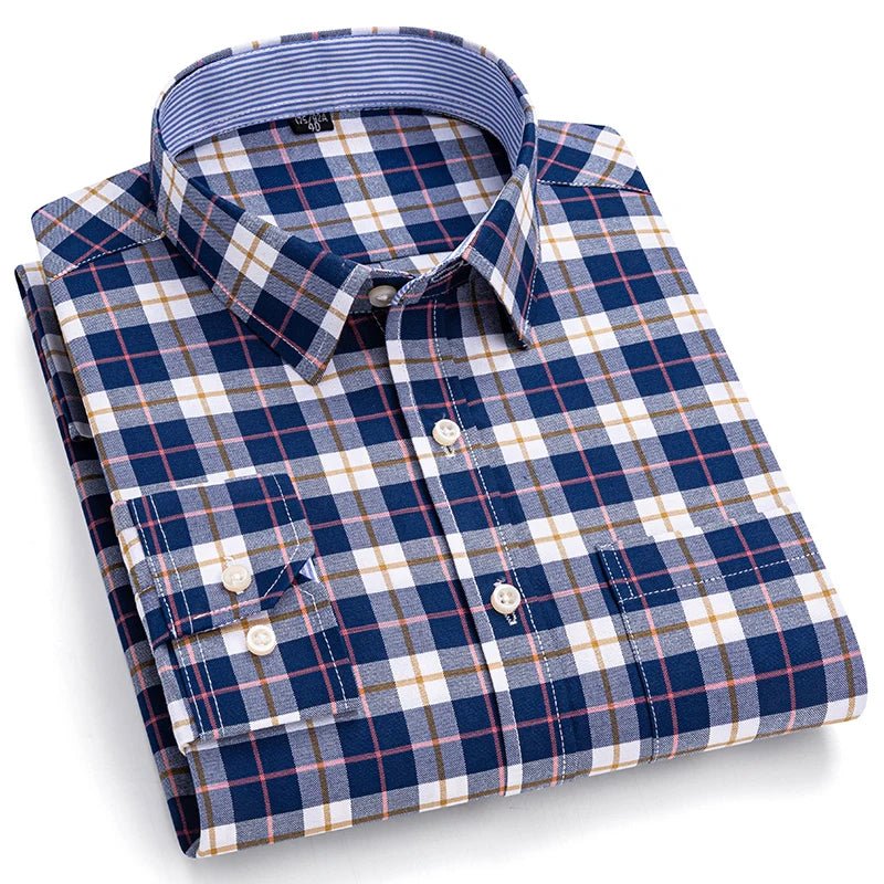 Men's 100% Cotton Oxford Long Sleeve Plaid Shirt-Casual & Formal.