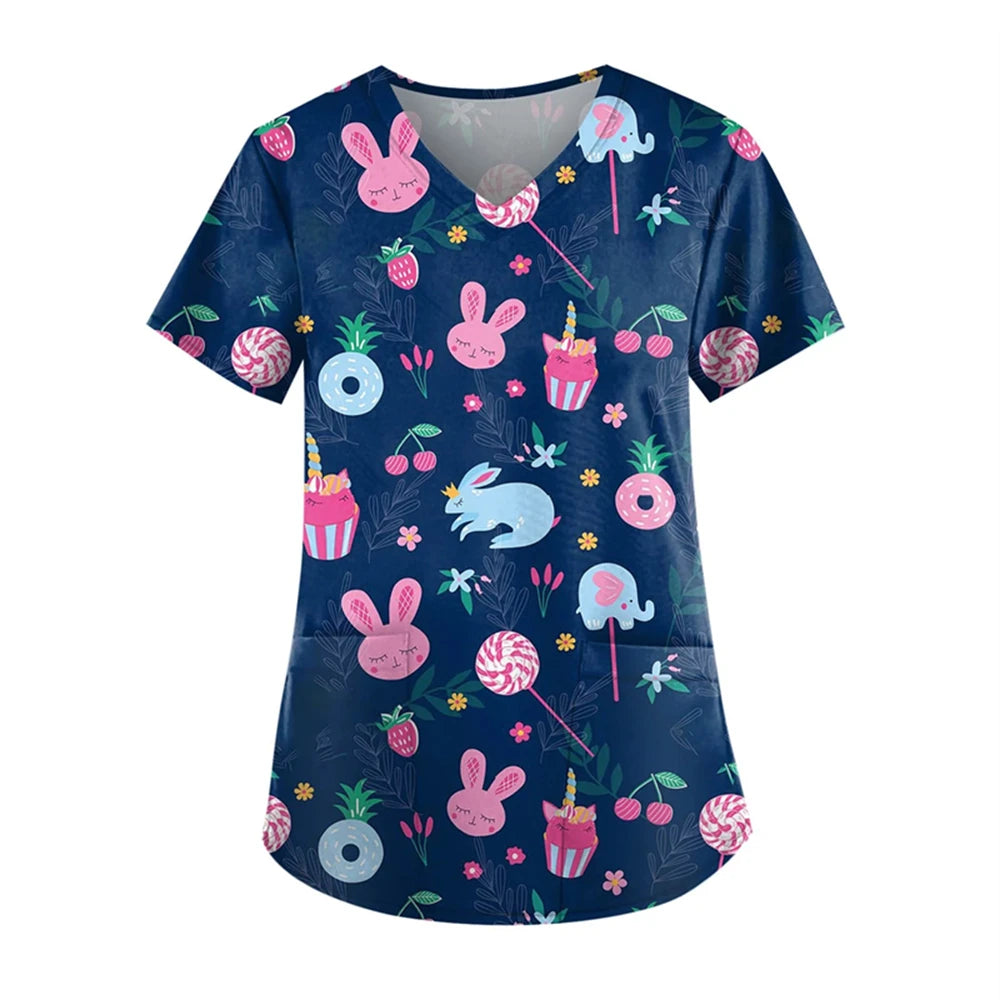 Adorable Easter Bunny Women's Medical Scrubs-V-Neck Short Sleeve Nursing Tops For Obstetrics.