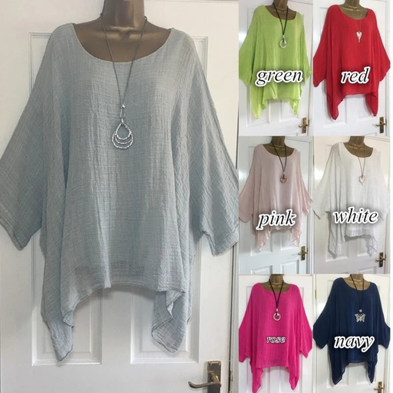 Women's Autumn Fashion Batwing Sleeve Solid Color Loose O-neck 3/4 Sleeve Casual Blouse Top.