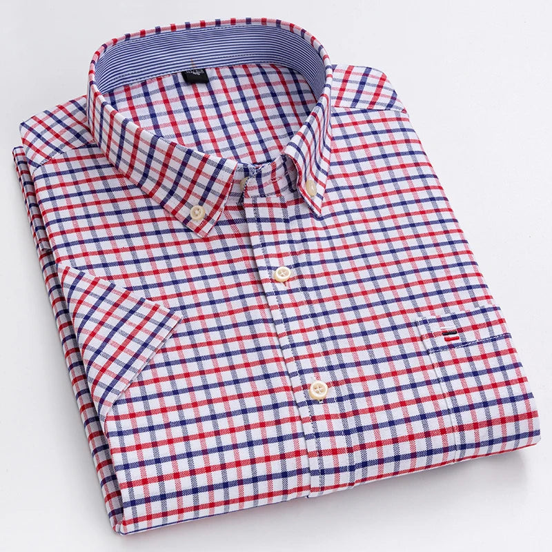 Men's 100% Cotton Oxford Plaid Short Sleeve Shirt-Soft, Stylish, and Perfect for Summer.
