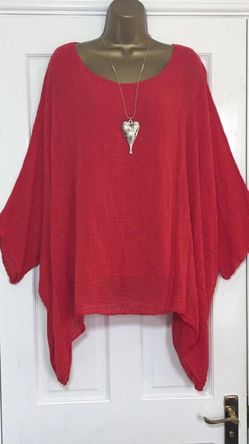 Women's Autumn Fashion Batwing Sleeve Solid Color Loose O-neck 3/4 Sleeve Casual Blouse Top.