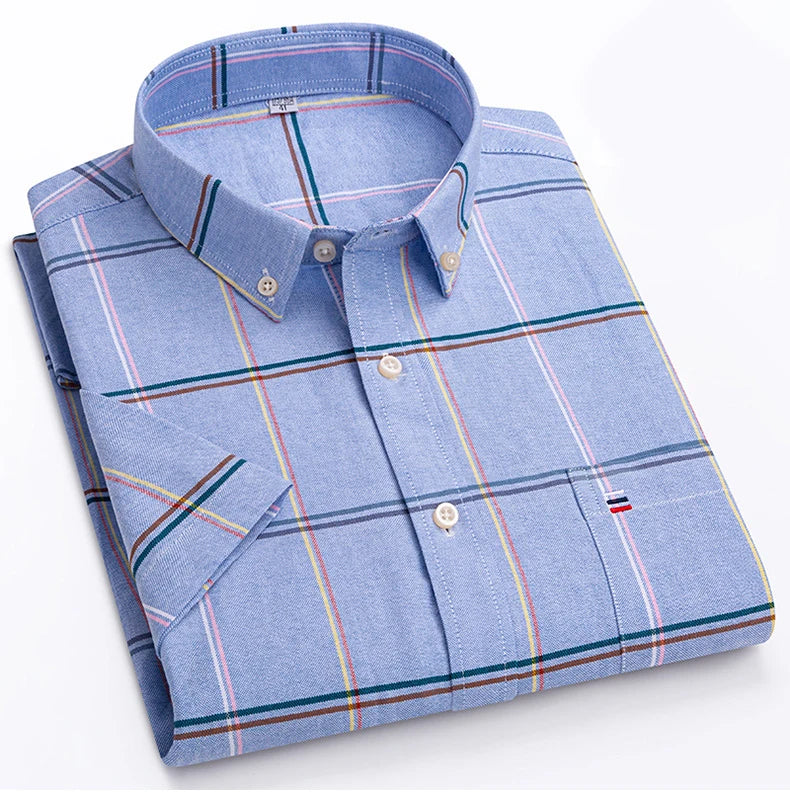 Men's 100% Cotton Oxford Plaid Short Sleeve Shirt-Soft, Stylish, and Perfect for Summer.