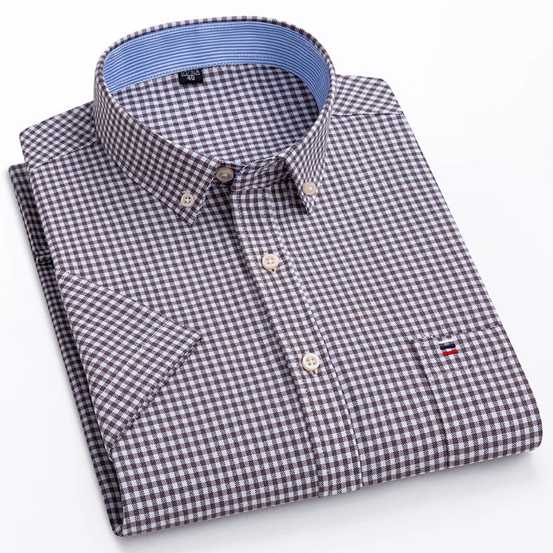 Men's 100% Cotton Oxford Plaid Short Sleeve Shirt-Soft, Stylish, and Perfect for Summer.