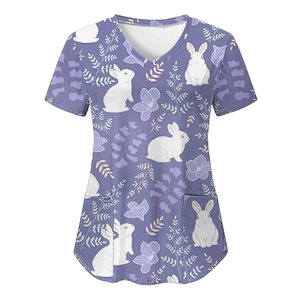 Adorable Easter Bunny Women's Medical Scrubs-V-Neck Short Sleeve Nursing Tops For Obstetrics.