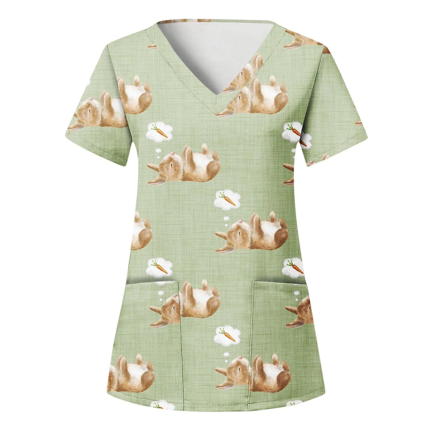 Adorable Easter Bunny Women's Medical Scrubs-V-Neck Short Sleeve Nursing Tops For Obstetrics.