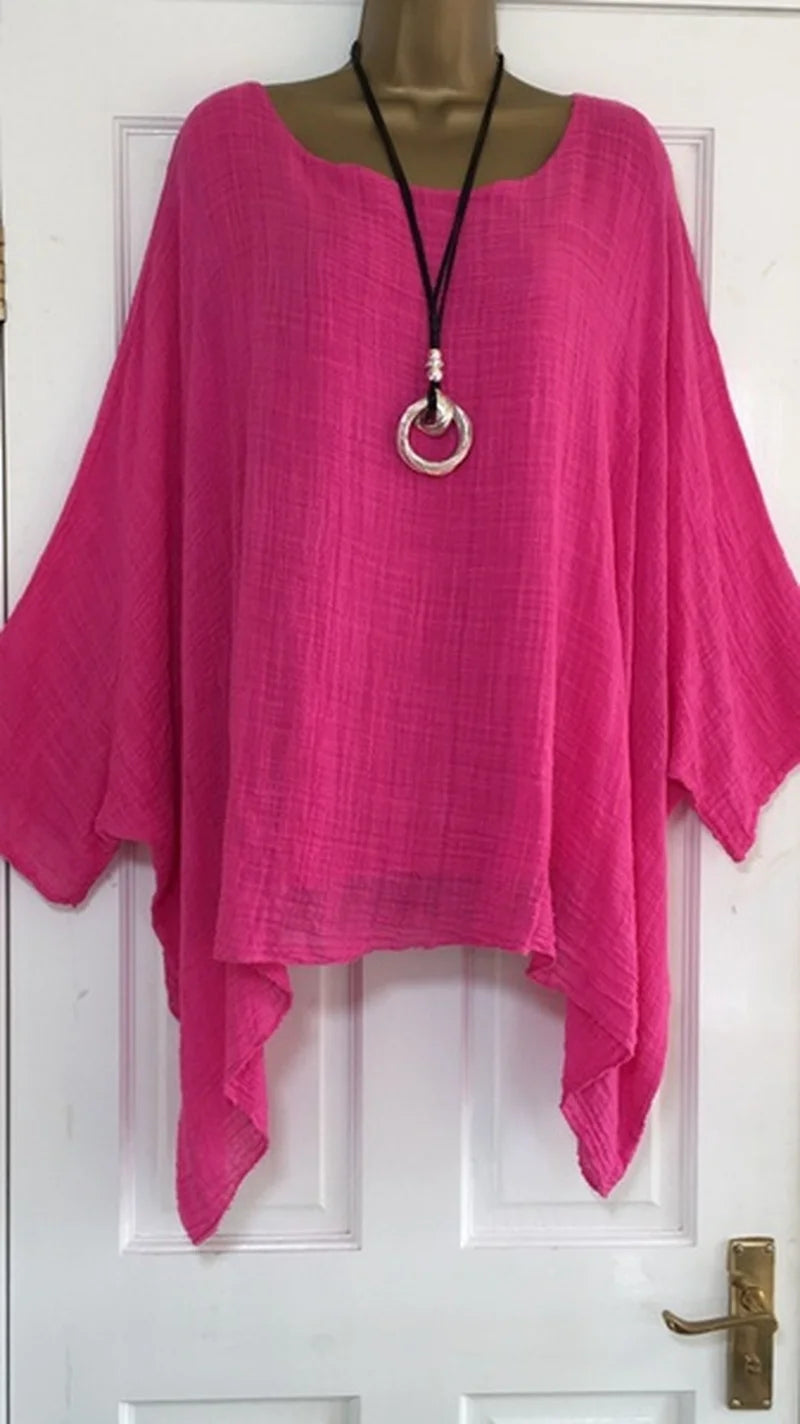 Women's Autumn Fashion Batwing Sleeve Solid Color Loose O-neck 3/4 Sleeve Casual Blouse Top.