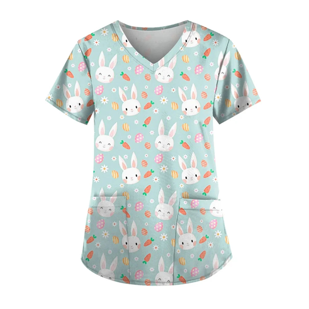 Adorable Easter Bunny Women's Medical Scrubs-V-Neck Short Sleeve Nursing Tops For Obstetrics.
