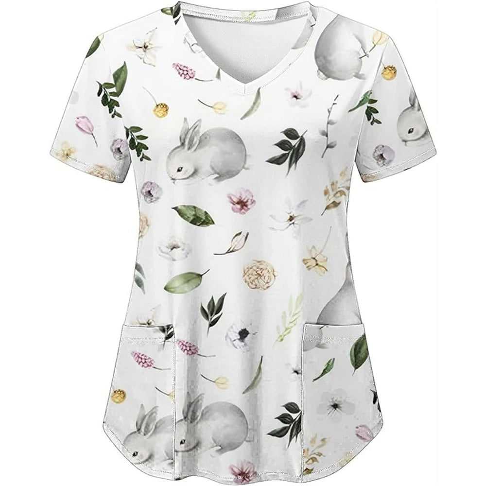 Adorable Easter Bunny Women's Medical Scrubs-V-Neck Short Sleeve Nursing Tops For Obstetrics.