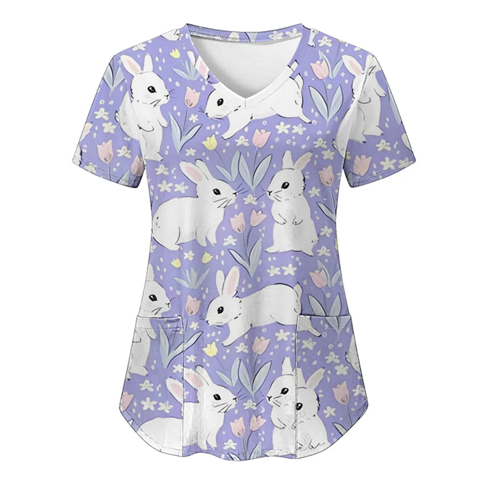 Adorable Easter Bunny Women's Medical Scrubs-V-Neck Short Sleeve Nursing Tops For Obstetrics.