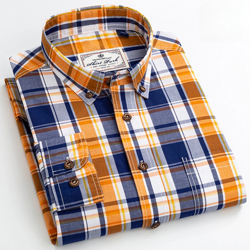 Men's Premium 100% Cotton Slim Fit Plaid Long-Sleeve-Soft Casual Office Essential.