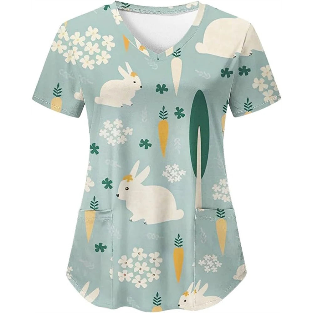 Adorable Easter Bunny Women's Medical Scrubs-V-Neck Short Sleeve Nursing Tops For Obstetrics.