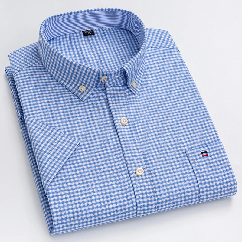 Men's 100% Cotton Oxford Plaid Short Sleeve Shirt-Soft, Stylish, and Perfect for Summer.