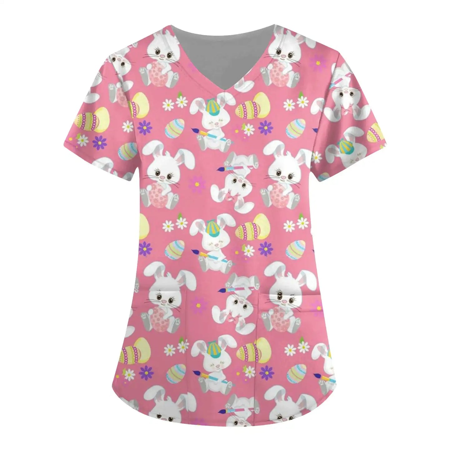 Adorable Easter Bunny Women's Medical Scrubs-V-Neck Short Sleeve Nursing Tops For Obstetrics.