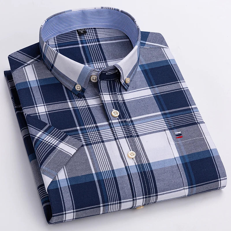 Men's 100% Cotton Oxford Plaid Short Sleeve Shirt-Soft, Stylish, and Perfect for Summer.