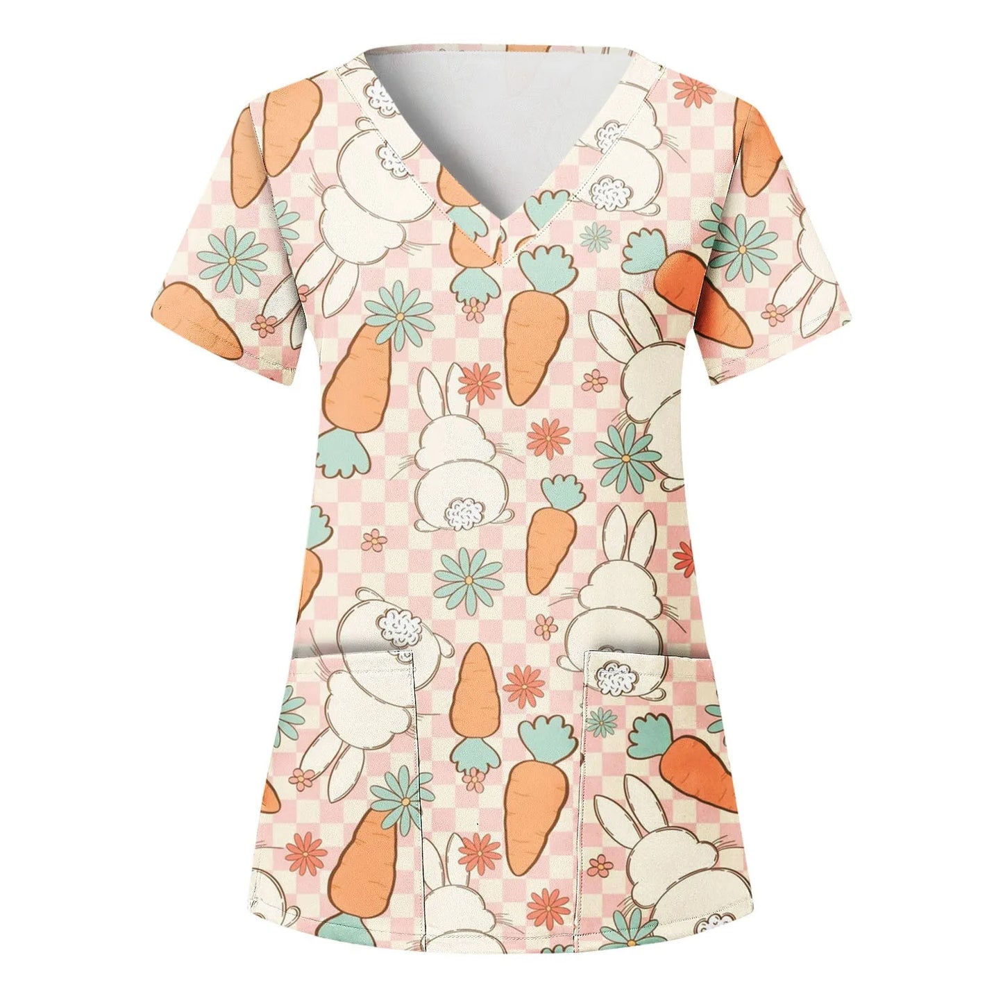 Adorable Easter Bunny Women's Medical Scrubs-V-Neck Short Sleeve Nursing Tops For Obstetrics.