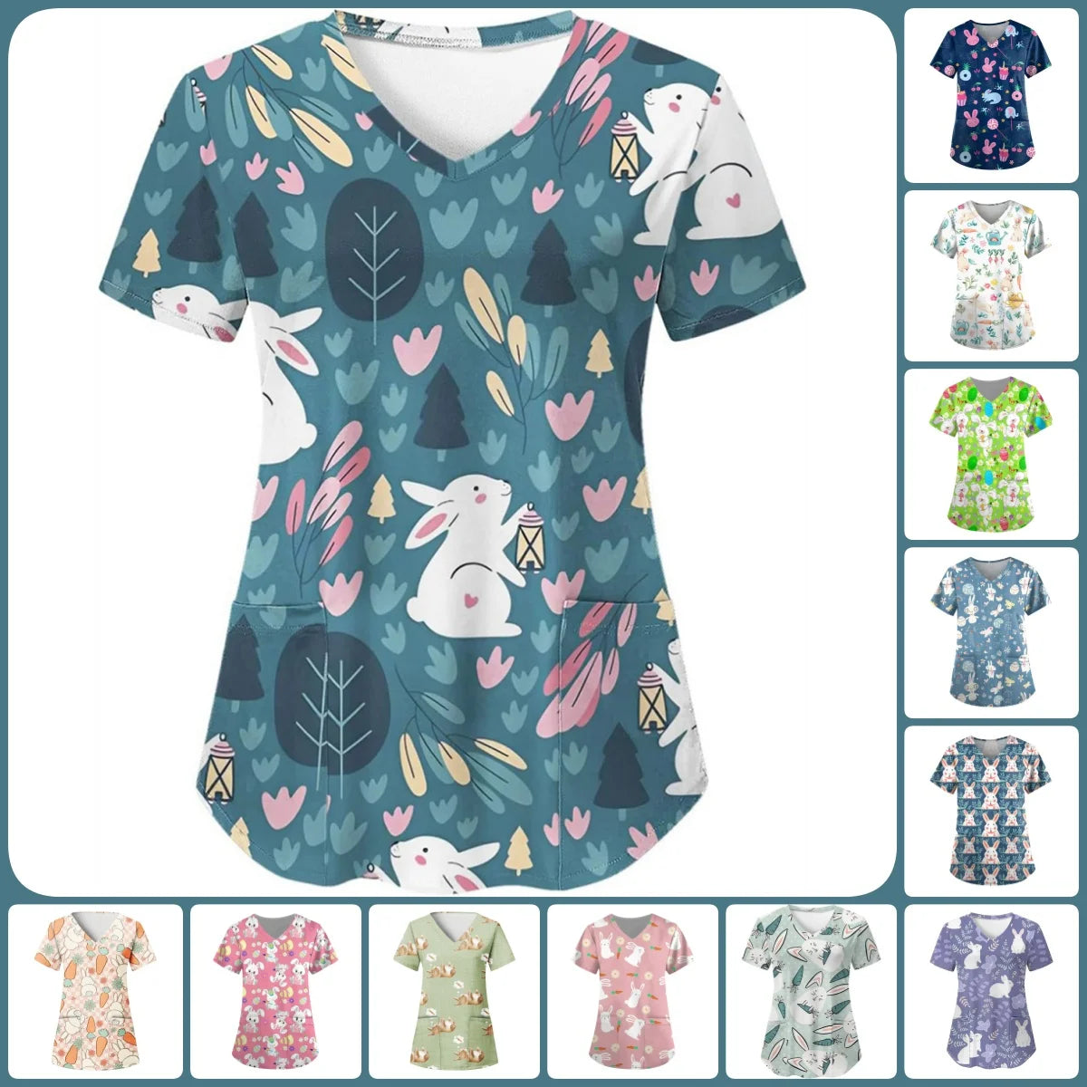 Adorable Easter Bunny Women's Medical Scrubs-V-Neck Short Sleeve Nursing Tops For Obstetrics.