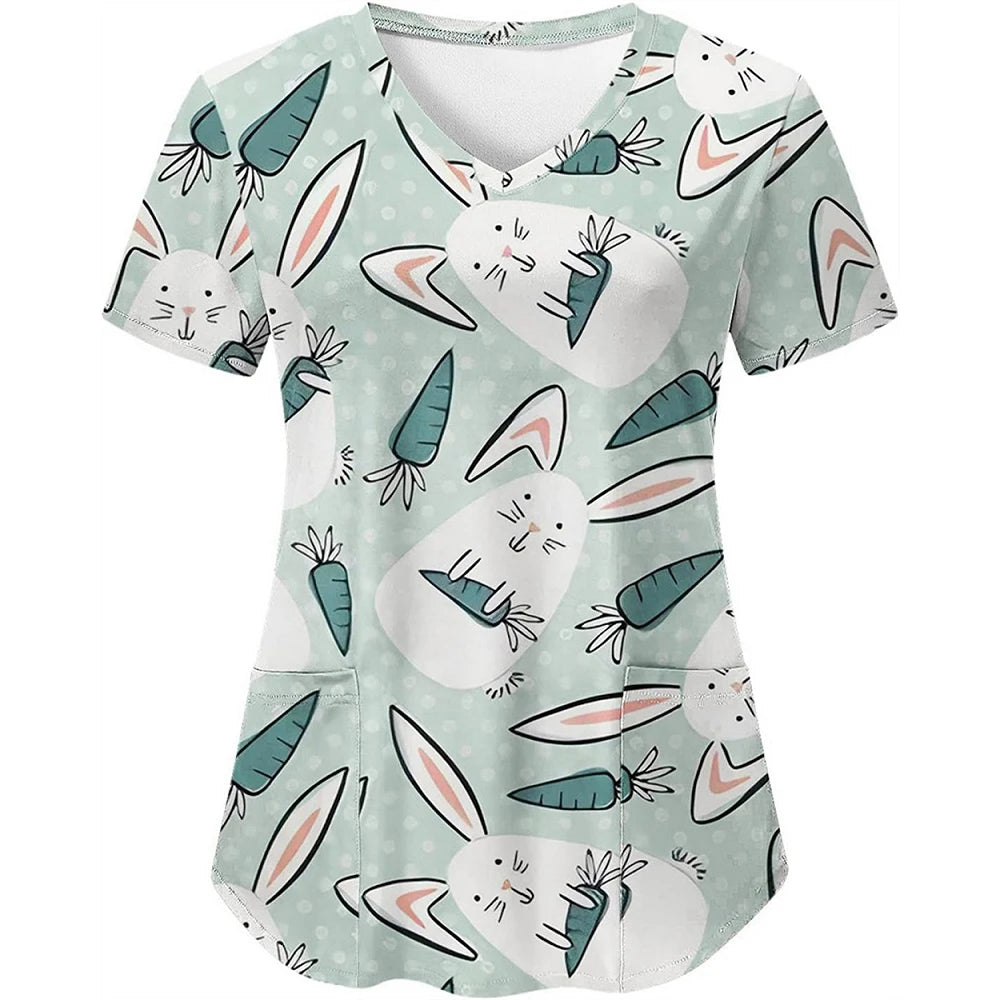 Adorable Easter Bunny Women's Medical Scrubs-V-Neck Short Sleeve Nursing Tops For Obstetrics.