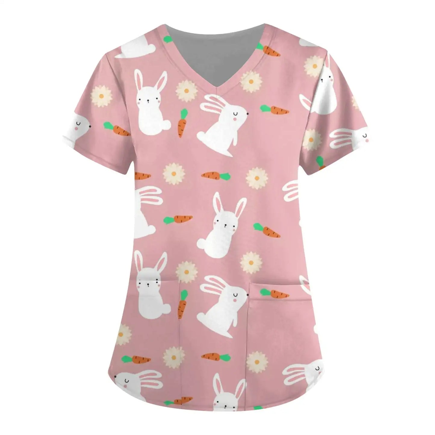 Adorable Easter Bunny Women's Medical Scrubs-V-Neck Short Sleeve Nursing Tops For Obstetrics.