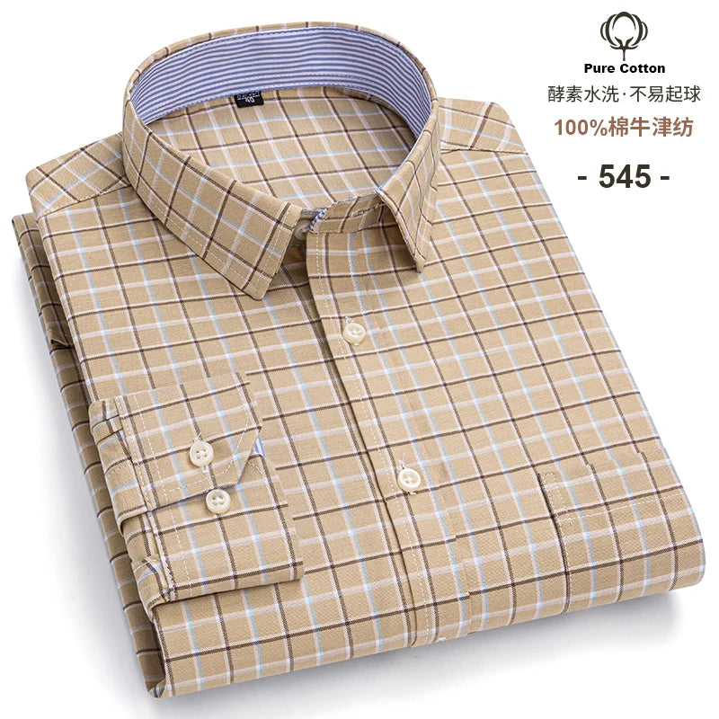 Men's 100% Cotton Oxford Long Sleeve Plaid Shirt-Casual & Formal.