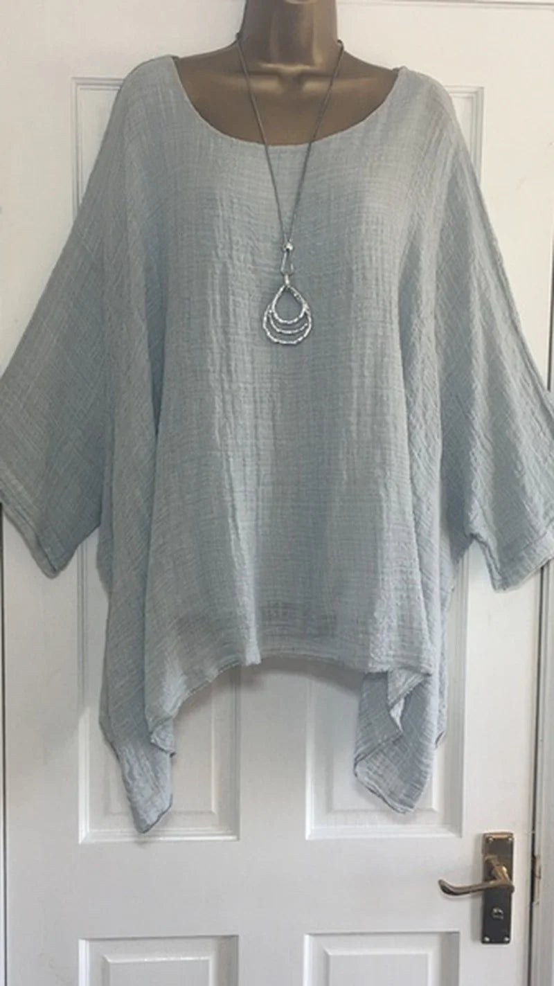 Women's Autumn Fashion Batwing Sleeve Solid Color Loose O-neck 3/4 Sleeve Casual Blouse Top.