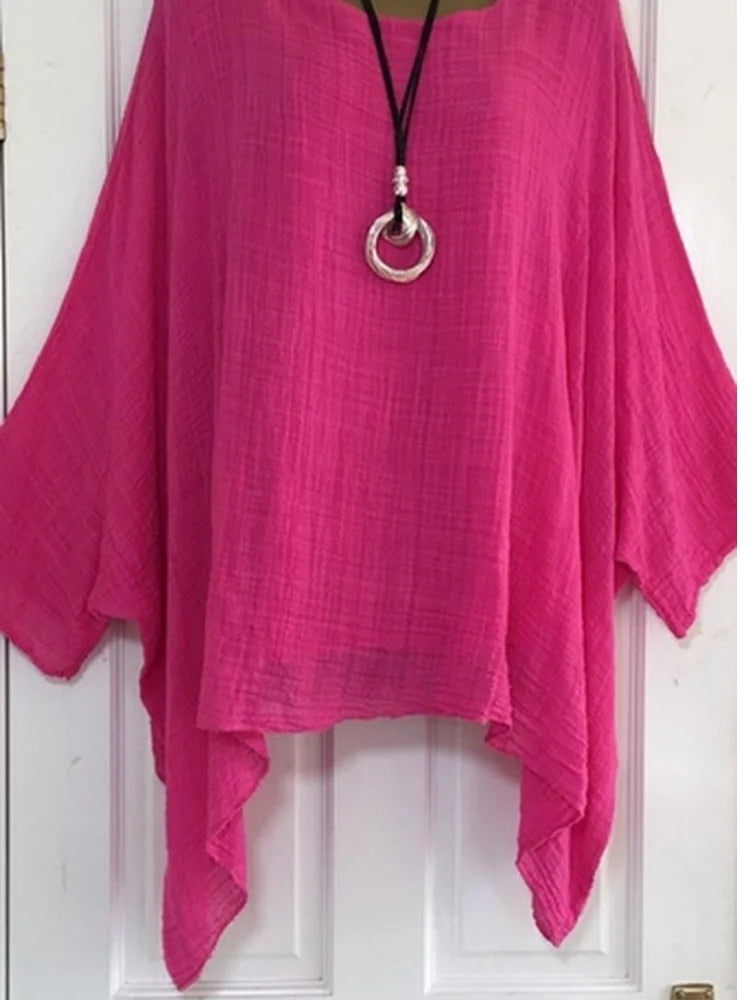 Women's Autumn Fashion Batwing Sleeve Solid Color Loose O-neck 3/4 Sleeve Casual Blouse Top.