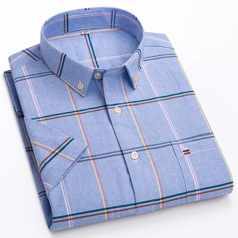 Men's 100% Cotton Oxford Plaid Short Sleeve Shirt-Soft, Stylish, and Perfect for Summer.