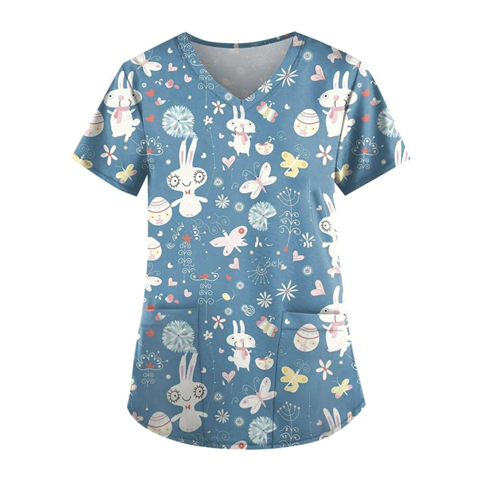 Adorable Easter Bunny Women's Medical Scrubs-V-Neck Short Sleeve Nursing Tops For Obstetrics.